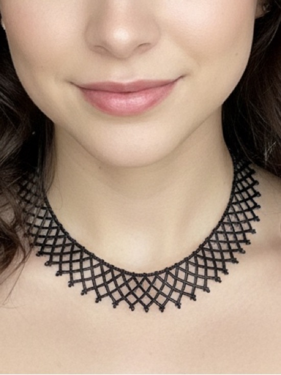 Hand Crafted Jewelry - Black Beaded Choker • Lattice Statement Necklace • Adjustable